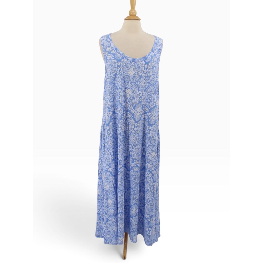 Soft Surroundings Santiago Dress 3X Blue White Paisley Sleeveless Jersey Maxi